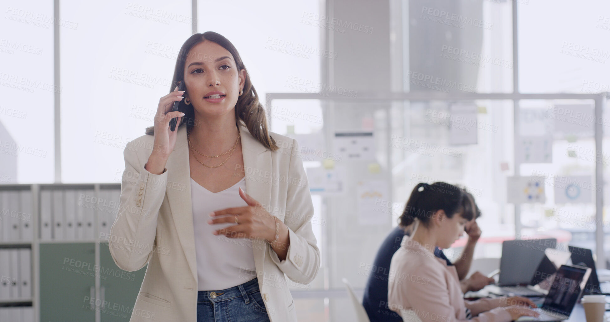 Buy stock photo Phone call, talking and business woman in office for communication, negotiation and account manager. Contact, investor feedback and networking with person in coworking space for discussion and chat