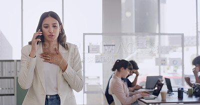 Buy stock photo Phone call, advisor and business woman in office for communication, negotiation and account manager. Contact, investor feedback and networking with person in coworking space for discussion and chat