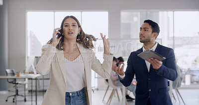 Buy stock photo Woman, phone call and ignore man at office with anger, frustrated and crisis at media company. Person, conflict and fight at workplace on smartphone, team and contact with mistake at creative agency