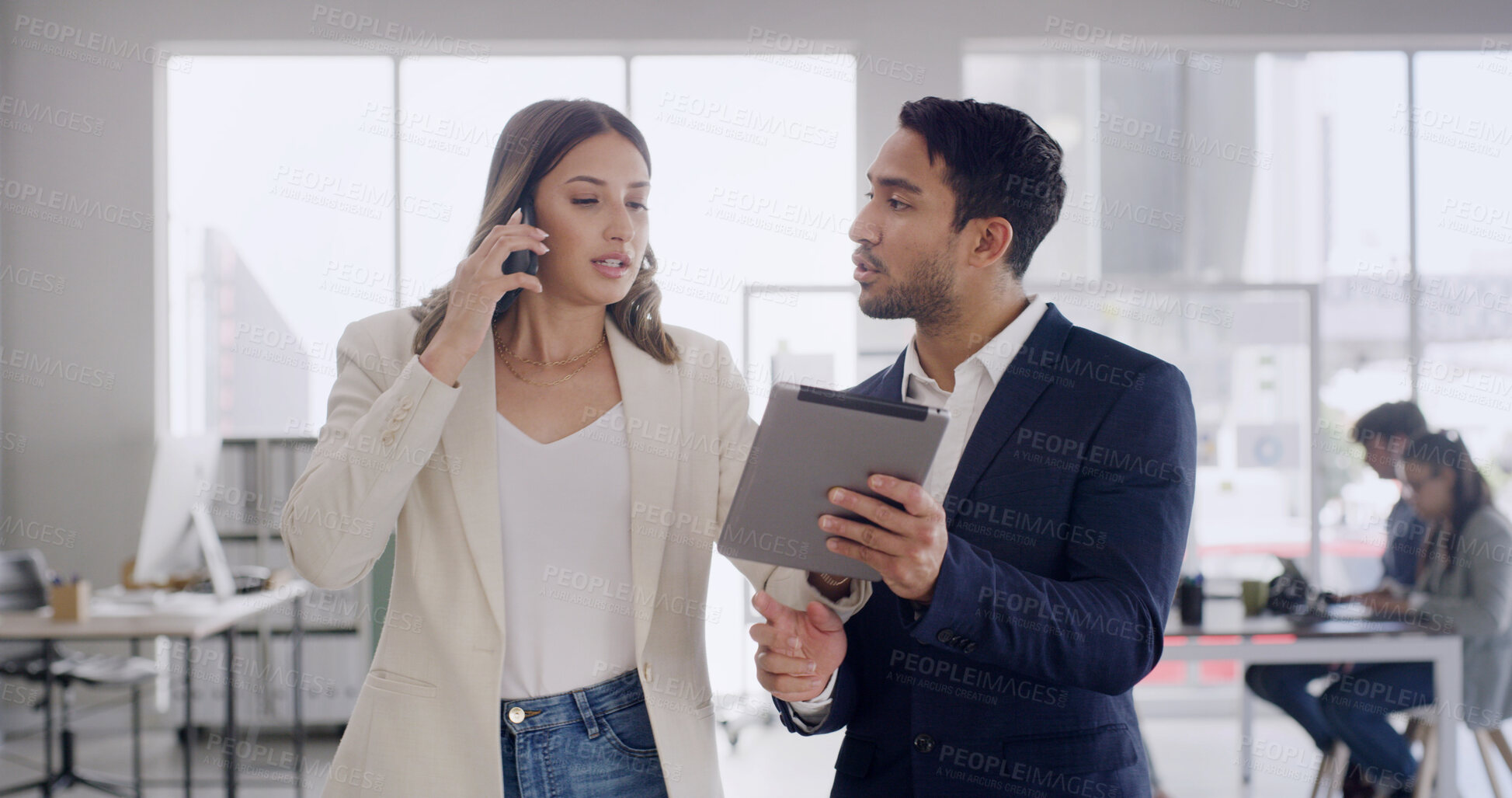 Buy stock photo Phone call, teamwork and business people with tablet, conversation and planning with assistance. Employees, help and woman with smartphone, man and tech with email network and connection with app