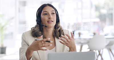 Buy stock photo Woman, laptop and headset for consulting, discussion and legal advisory service in virtual meeting at office. Person, computer and contact with insight, policy or review case for feedback at law firm