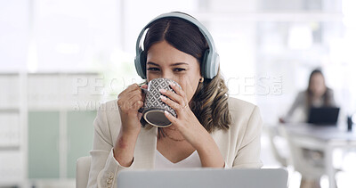Buy stock photo Coffee, laptop and music with business woman in coworking office for development or review. Computer, drink and headphones with employee streaming in workplace for planning, research or update