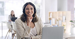Happy woman, laptop and headset in portrait for consulting, legal advisory service or pride at office. Person, computer and consultat with confidence, smile or voip tech for communication at law firm