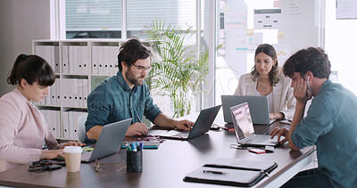 Buy stock photo Team, office and business people with laptop in meeting, review news or story analysis. Group, computer and coworking in boardroom with journalist for report stats, planning and research online