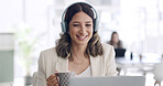 Coffee, headphones and video call with business woman in coworking office for development webinar. Laptop, smile and virtual meeting with happy employee in workplace for feedback, review or update