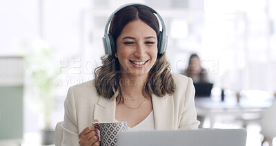 Buy stock photo Coffee, headphones and video call with business woman in coworking office for development webinar. Laptop, smile and virtual meeting with happy employee in workplace for feedback, review or update