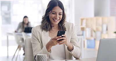 Buy stock photo Phone, happy and reading with business woman in office for communication, company newsletter and email. Contact, connection and coworking agency with person in startup for networking and app