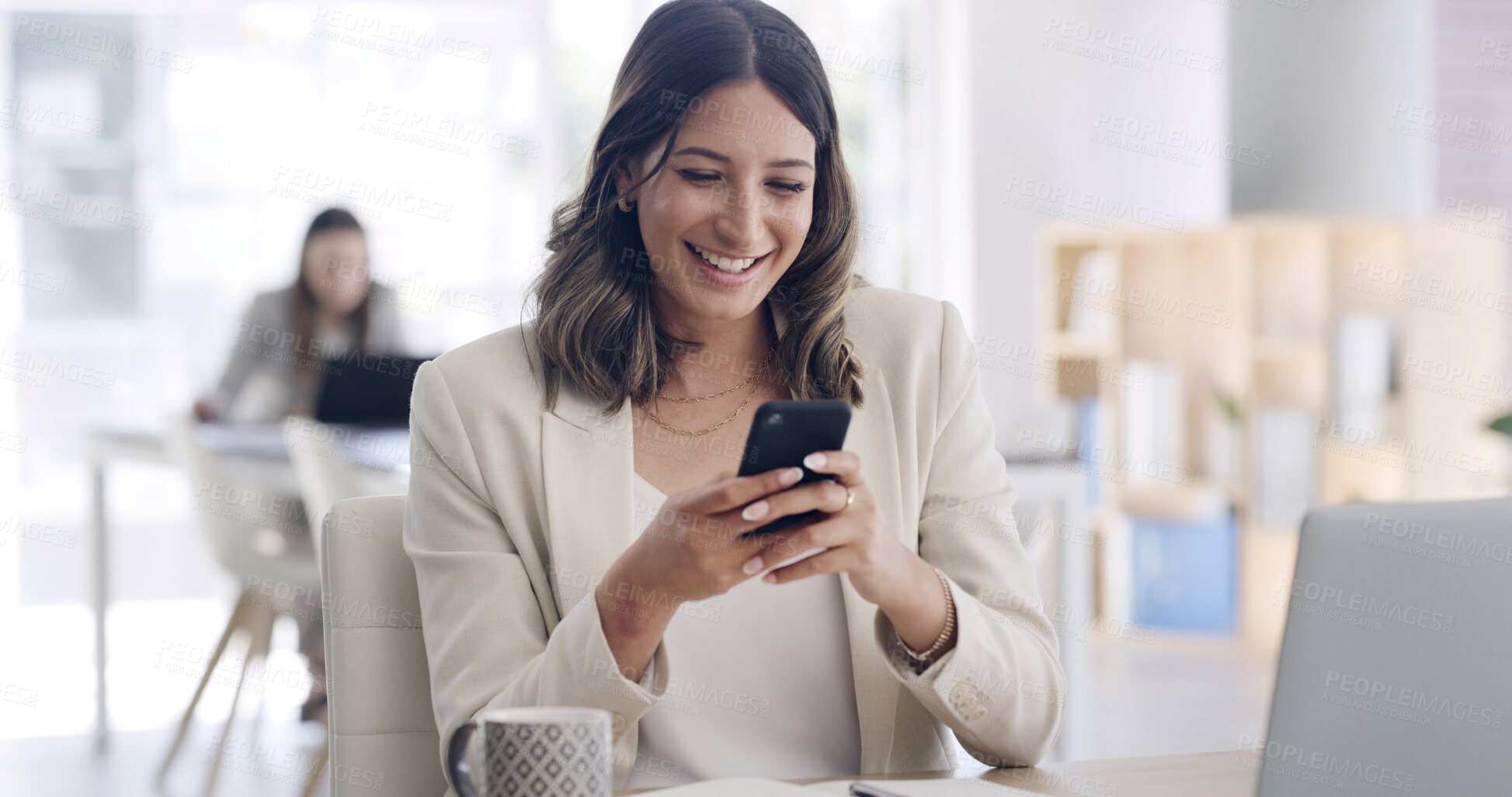 Buy stock photo Phone, happy and reading with business woman in office for communication, company newsletter and email. Contact, connection and coworking agency with person in startup for networking and app