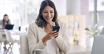 Buy stock photo Phone, smile and reading with business woman in office for communication, company newsletter and email. Contact, connection and coworking agency with person in startup for networking and mobile app