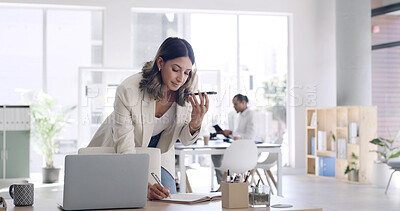 Buy stock photo Business, woman and phone for audio message with editor feedback, schedule update and contact source. Person, laptop and voice recording for article advice, project reminder and chat for publication