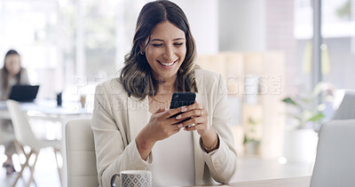 Buy stock photo Phone, smile and business woman in office for online communication, text or story feedback. Mobile, happy or magazine editor reading publication, coworking or article notification on internet at work