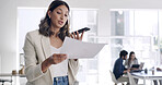 Phone call, paperwork and woman speaking in office, renewal agreement or deal negotiation for client. Coworking, mobile and contract manager talking with document, feedback or changes for partnership