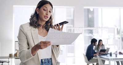 Buy stock photo Phone call, paperwork and woman on loudspeaker in office, renewal agreement or deal negotiation for client. Coworking, mobile and contract manager with voice note, feedback or changes for partnership