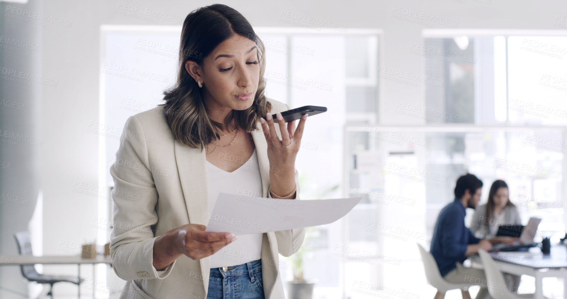 Buy stock photo Phone call, document and woman talking in office, renewal agreement or deal negotiation for client. Coworking, mobile and contract manager speaking with paperwork, feedback or changes for partnership