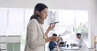Buy stock photo Loudspeaker, communication and woman with paperwork in office, agreement and deal negotiation for client. Coworking, mobile and contract manager with voice note, feedback and changes for partnership.