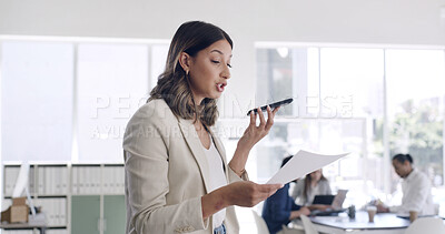 Buy stock photo Phone call, document and woman speaking in office, renewal agreement or deal negotiation for client. Coworking, mobile and contract manager talking with paperwork, feedback or changes for partnership