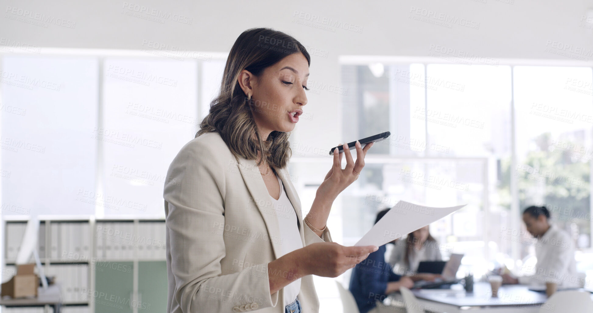Buy stock photo Phone call, document and woman speaking in office, renewal agreement or deal negotiation for client. Coworking, mobile and contract manager talking with paperwork, feedback or changes for partnership