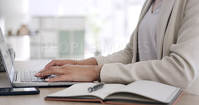 Buy stock photo Business woman, hands and typing with laptop in office for journalism, agenda or schedule planning. Female person, employee or journalist taking notes with diary or computer for project task or ideas