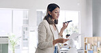 Woman, document and phone for audio message with editor feedback, schedule update and contact source. Person, paperwork and voice recording for manuscript, project reminder and chat for publication