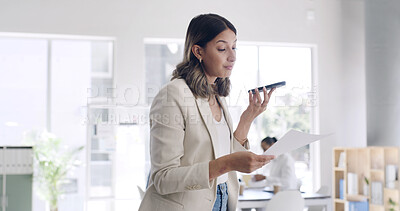 Buy stock photo Woman, document and phone for audio message with editor feedback, schedule update and contact source. Person, paperwork and voice recording for manuscript, project reminder and chat for publication