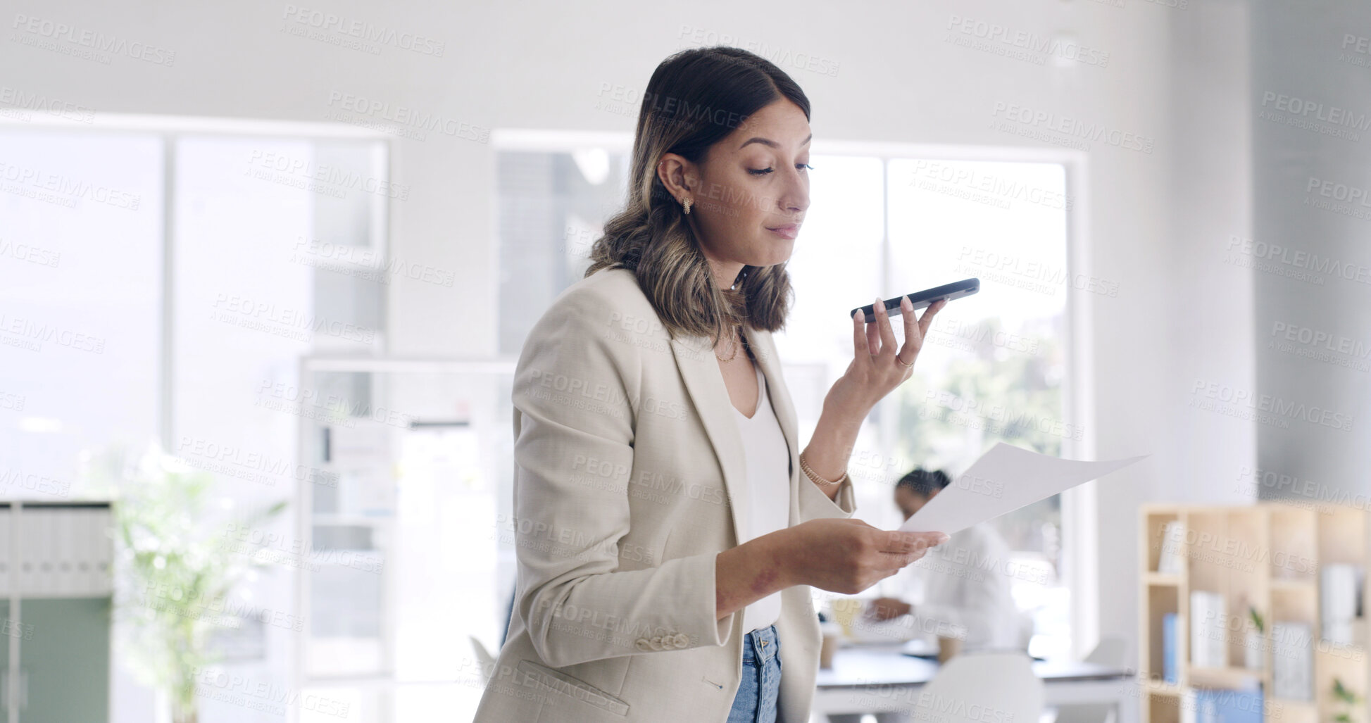 Buy stock photo Woman, document and phone for audio message with editor feedback, schedule update and contact source. Person, paperwork and voice recording for manuscript, project reminder and chat for publication