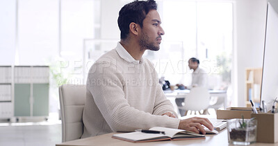 Buy stock photo Computer, reading and business man in office for article review, newsletter or editing project. Technology, proofreading and serious copywriter in workplace for story feedback, email or coworking