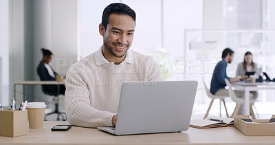 Buy stock photo Laptop, smile and business man in office for project, reading report or editing story online. Computer, happy and magazine editor check email for publication, coworking and research info for article