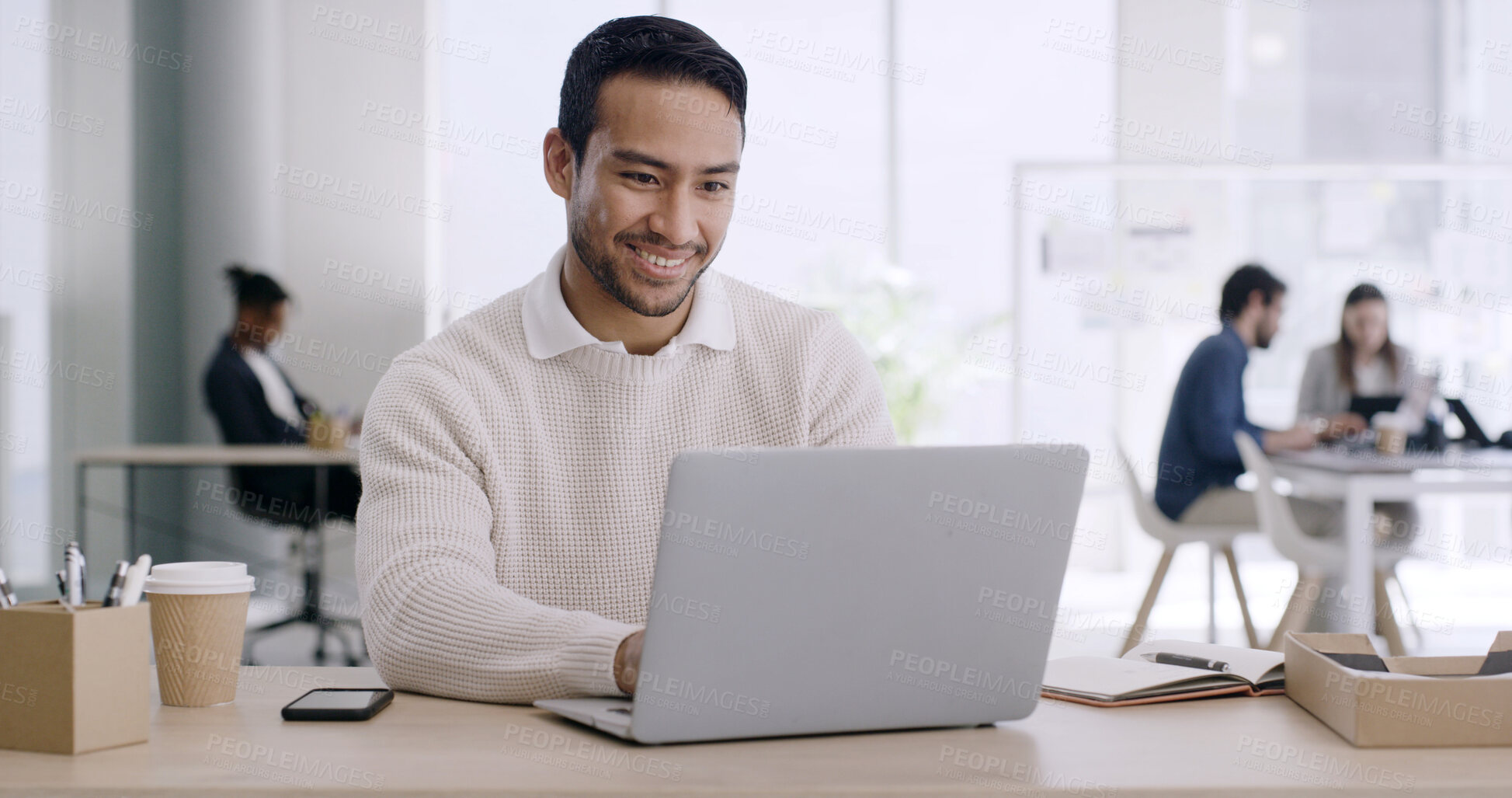 Buy stock photo Laptop, smile and business man in office for project, reading report or editing story online. Computer, happy and magazine editor check email for publication, coworking and research info for article