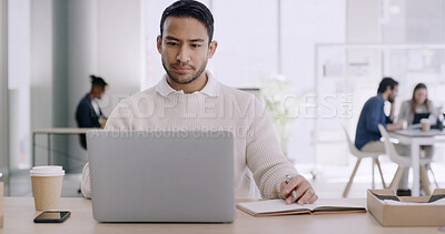 Buy stock photo Laptop, reading and businessman in office with research for finance project with company budget. Technology, professional and male financial advisor with email for investment proposal in workplace.