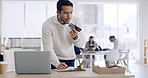 Business, man and phone for voice message in office for feedback, schedule update and contact source. Person, laptop and audio recording for article advice, schedule reminder and chat for publication