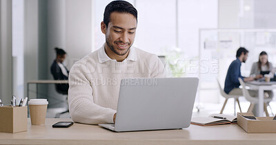 Buy stock photo Laptop, typing and businessman in office with research for finance project with company budget. Technology, professional and male financial advisor with email for investment proposal in workplace.