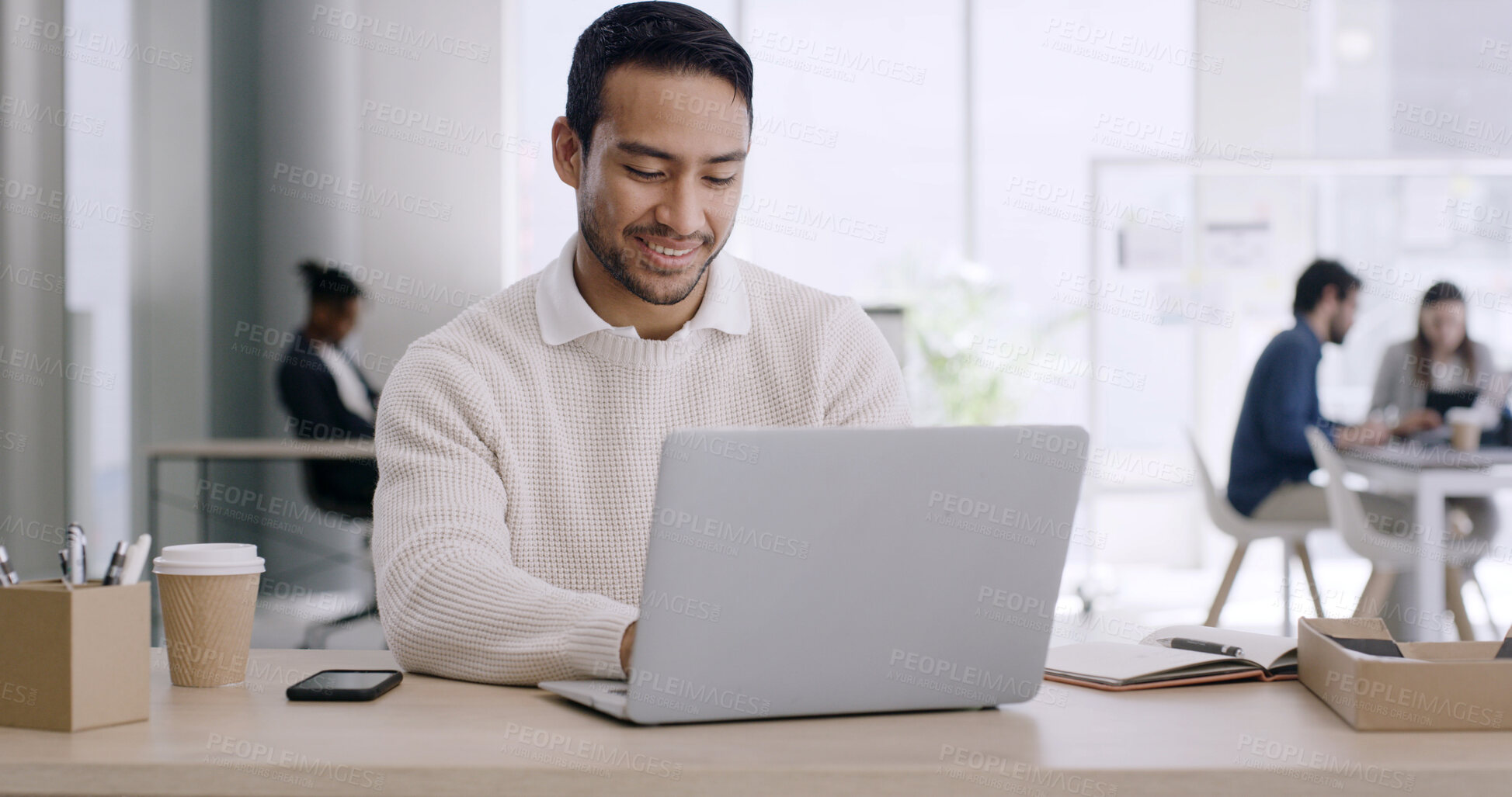 Buy stock photo Laptop, typing and businessman in office with research for finance project with company budget. Technology, professional and male financial advisor with email for investment proposal in workplace.