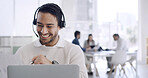 Happy, businessman and consultant with headset on laptop for online advice or customer service. Man, employee or agent with smile on computer for virtual assistance, help or support in workplace