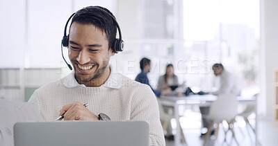 Buy stock photo Happy, businessman and consultant with headset on laptop for online advice or customer service. Man, employee or agent with smile on computer for virtual assistance, help or support in workplace