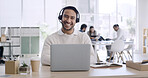 Happy man, consultant and portrait with headset on laptop for online advice or customer service. Businessman, employee or agent with smile on computer for virtual assistance or support in workplace