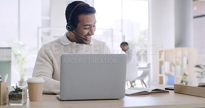 Buy stock photo Happy man, laptop and headset with talk at office for virtual consultation, book and advice at media company. Person, journalist and computer with voip mic, contact or smile for interview at agency