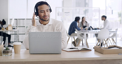 Buy stock photo Headset, laptop and video call with business man in coworking office for development webinar. Computer, conversation and virtual meeting with employee in workplace for online discussion or planning