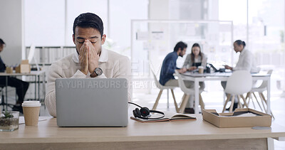 Buy stock photo Tired, call center and man in office with laptop, communication and upset in online help. Space, fatigue and employee in workplace with technology, exhausted and burnout in customer service.