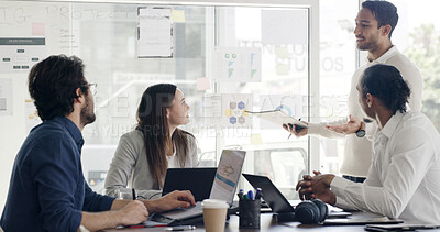 Buy stock photo Manager, business presentation or people in meeting with laptop for stats review, plan or project management. Tech, team and talk in office with documents for finance growth, development or research.