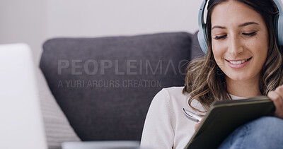Buy stock photo Relax, headphones and music with woman on sofa for streaming, radio station and audio playlist. Podcast subscription, app and media platform with person in living room of home for connection