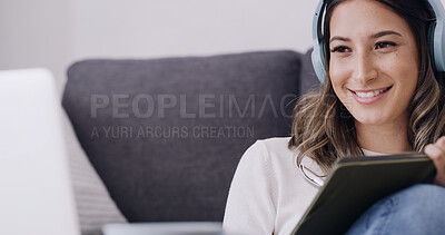 Buy stock photo Tablet, thinking and woman with headphones in home, streaming music or song. Thoughts, audio and happy person with technology in living room for playlist decision, sound choice and listening to radio