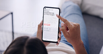 Buy stock photo Phone screen, reading and woman relax on couch, online article or blog tips for startup entrepreneur. Business owner, digital info or person with mobile for research, recommendation and above in home