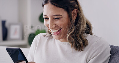 Buy stock photo Smile, woman and relax with phone at house for browsing website, social media and funny meme. Person, laughing and mobile for surfing internet, streaming film and entertainment subscription in lounge