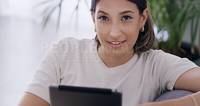 Buy stock photo Portrait, woman and relax with tablet at house for browsing website, social media and notification. Person, rest or digital for surfing internet, streaming film and entertainment subscription on sofa