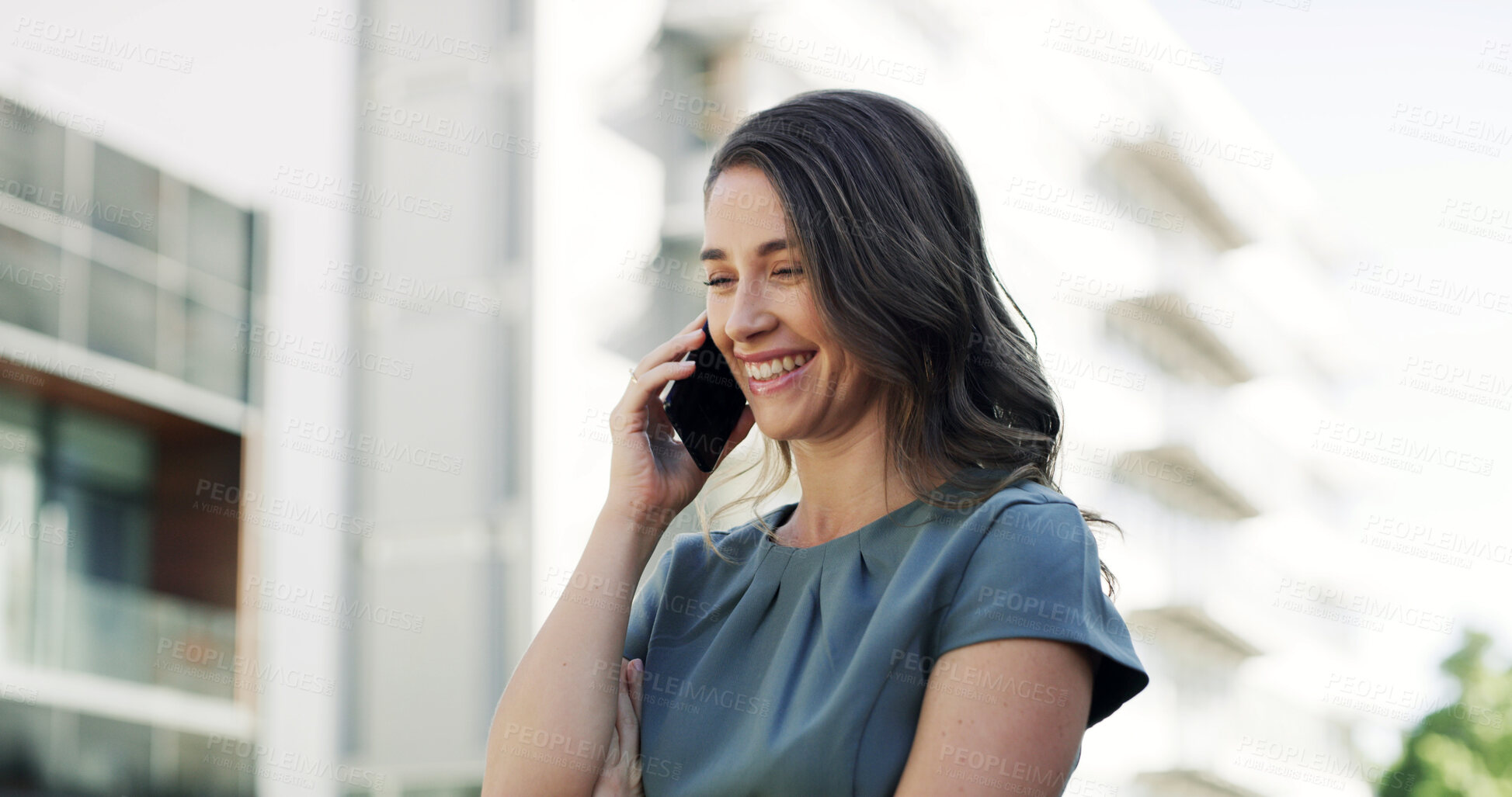 Buy stock photo Business, woman or happy with phone call in city for real estate deal, listing info or commercial sale. Realtor, person and speaking to client outdoor for lease price, offer feedback and opportunity