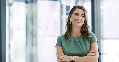 Buy stock photo Arms crossed, smile and portrait of business woman in office with confidence, pride and happy for job. Startup agency, journalist and female person with space for opportunity and creative career
