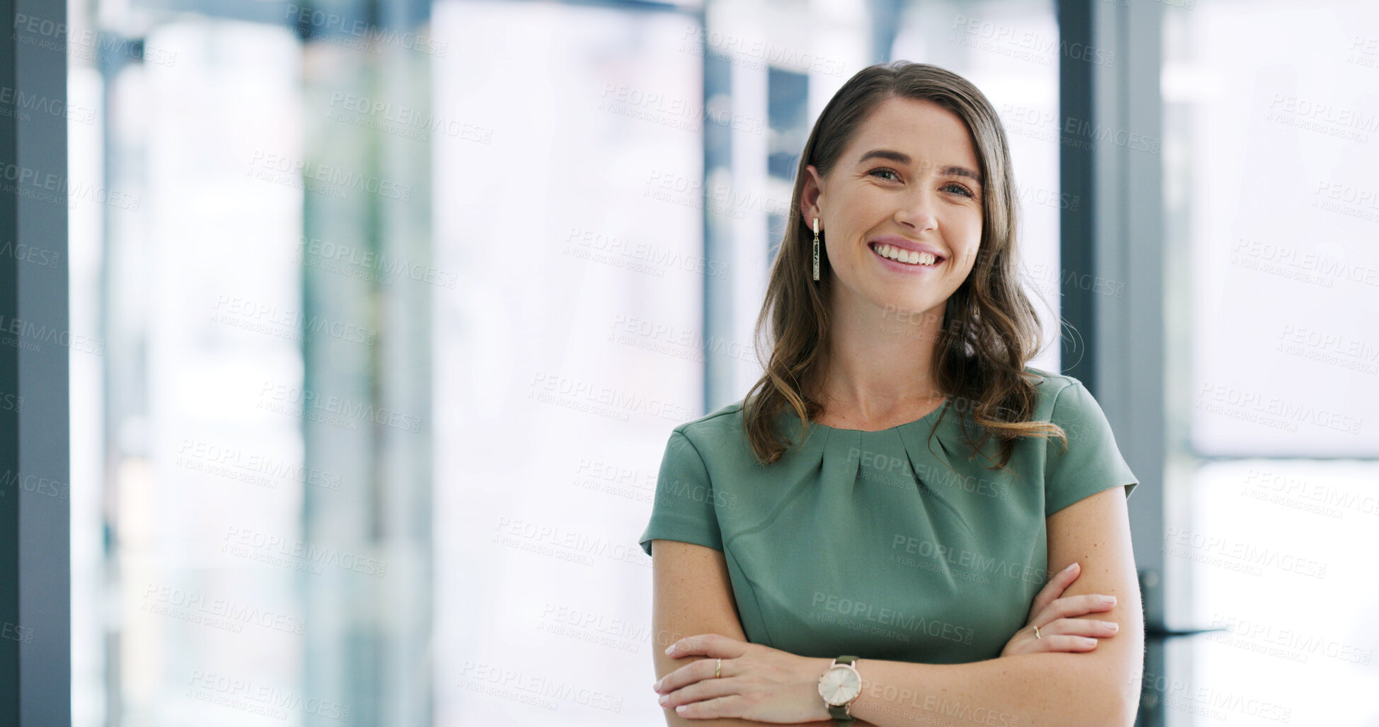 Buy stock photo Arms crossed, smile and portrait of business woman in office with confidence, pride and happy for job. Startup agency, journalist and female person with space for opportunity and creative career