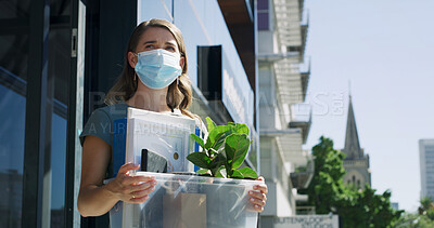 Buy stock photo Dismissal, mask or sad woman with box in city, contract termination or disappointed for unemployment. Layoff, personal belonging or upset person thinking outdoor, jobless or career crisis in pandemic