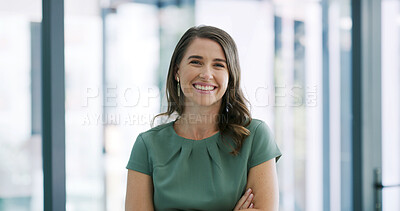 Buy stock photo Portrait, recruitment or woman with arms crossed in office, job opportunity or we are hiring for agency. Talent acquisition, professional or hr manager with confidence in workplace, about us or smile