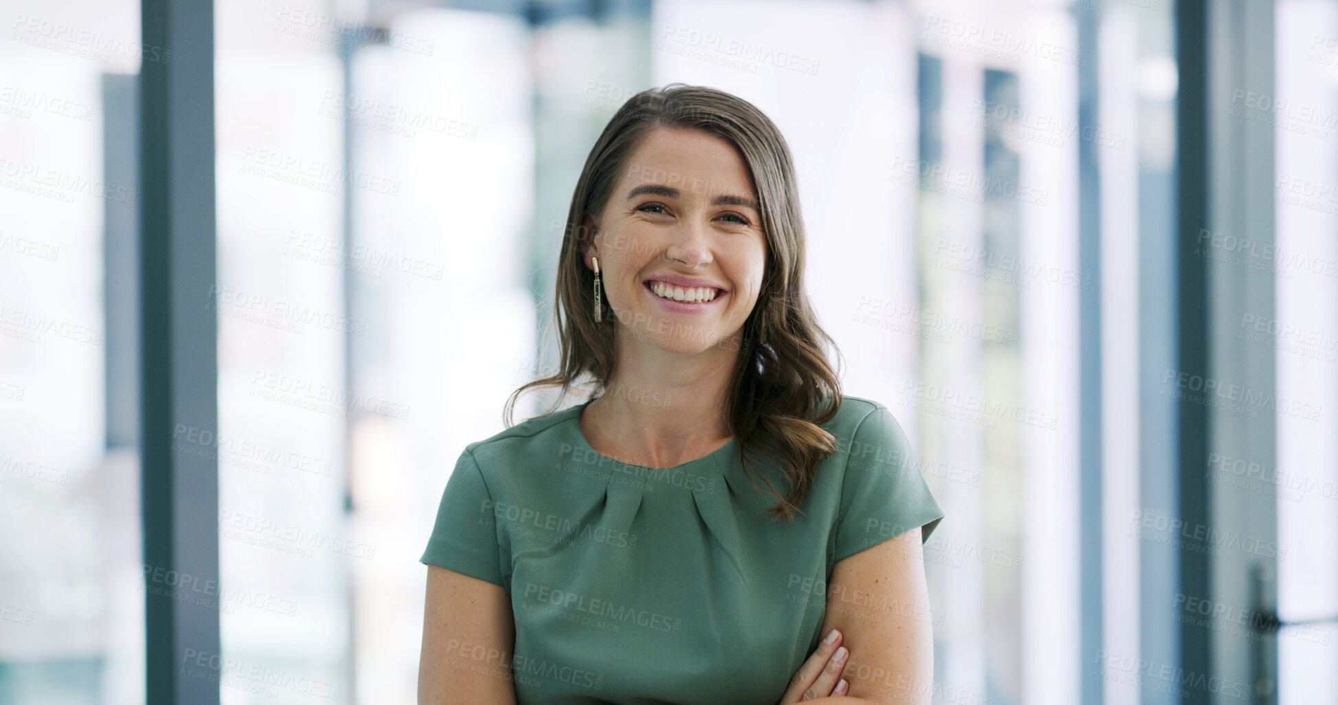 Buy stock photo Portrait, recruitment or woman with arms crossed in office, job opportunity or we are hiring for agency. Talent acquisition, professional or hr manager with confidence in workplace, about us or smile